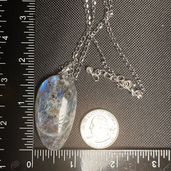 Labradorite Teardrop Pendant Necklace - Long Stainless Steel Chain - Blue Flash - Picture 12 of 13